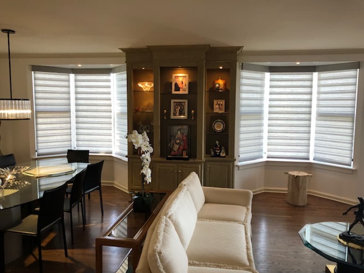 Banded zebra shades on bay windows in open-concept living and dining room