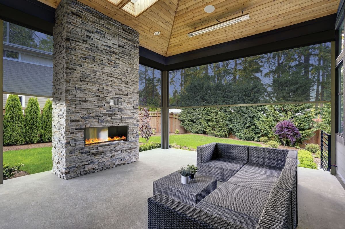 Exterior patio screen shades on luxury outdoor living space